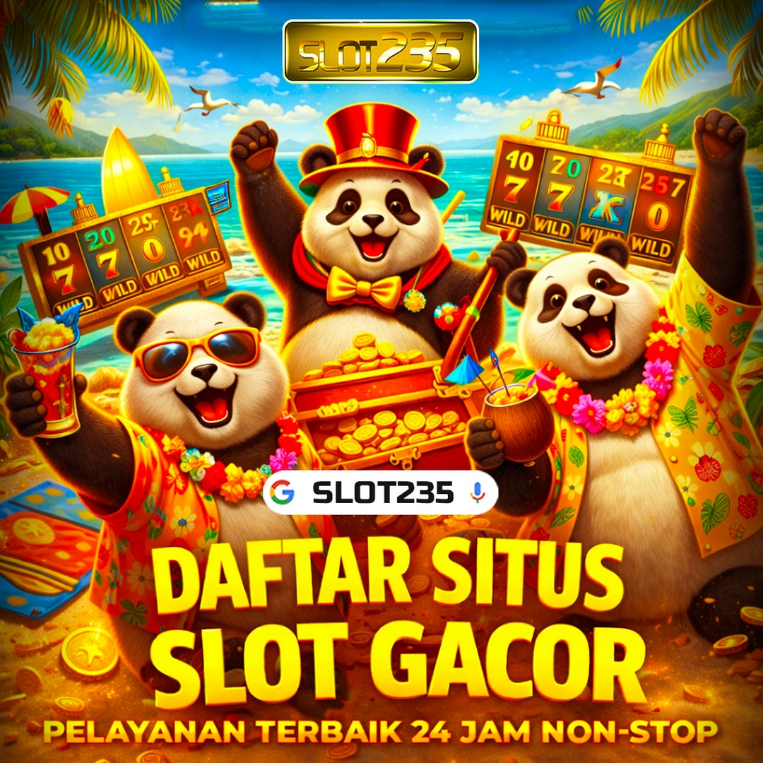 Ilustrasi promosi SLOT235 dengan tiga panda di suasana tropis
